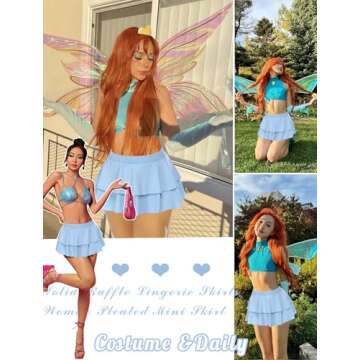 Avidlove Mini Skirt Women Sexy Short Skirt Pleated Lingerie Skirt Two Layer Hem Skirt Costume Skirt(Light Blue,X-Large)