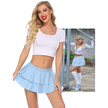 Avidlove Mini Skirt Women Sexy Short Skirt Pleated Lingerie Skirt Two Layer Hem Skirt Costume Skirt(Light Blue,X-Large)