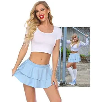 Avidlove Mini Skirt Women Sexy Short Skirt Pleated Lingerie Skirt Two Layer Hem Skirt Costume Skirt(Light Blue,X-Large)
