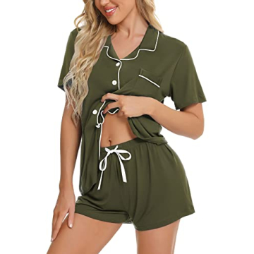 SWOMOG Womens Button Down Pajamas Set Short Sleeve Sleepwear Bride Soft Pj Lounge Sets XS-3XL Army G...