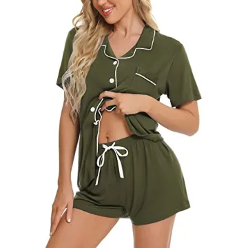 SWOMOG Womens Button Down Pajamas Set Short Sleeve Sleepwear Bride Soft Pj Lounge Sets XS-3XL Army G...