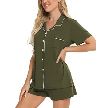 SWOMOG Womens Button Down Pajamas Set Short Sleeve Sleepwear Bride Soft Pj Lounge Sets XS-3XL Army Green X-Small