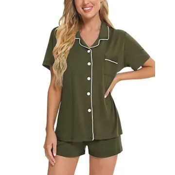 SWOMOG Womens Button Down Pajamas Set Short Sleeve Sleepwear Bride Soft Pj Lounge Sets XS-3XL Army Green X-Small