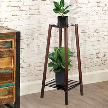 Bamboo Plant Flower Stand Rack, Portable 2-Tier Corner Tall Plant Bench, Folding Small Space Plants Display Shelf, Wooden Planter Pots Organizer Storage Holder for Indoor Home Office