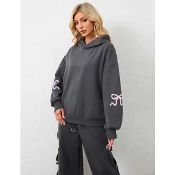 Livtany Women's Bow Trim Print Fleeced Hoodies Oversized Long Sleeve Hooded Sweatshirts Graphic Drop...