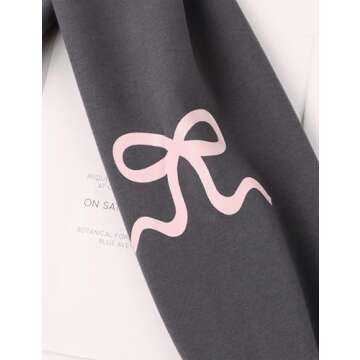 Livtany Women's Bow Trim Print Fleeced Hoodies Oversized Long Sleeve Hooded Sweatshirts Graphic Drop Shoulder Pullover Top Dark Grey