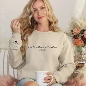 Custom Mama Sweatshirt with Kid Names on Sleeve Personalized Mom Sweatshirt for Women Christmas Gift Est 2025 Sweatshirt Gifts for Mom Mothers Day Gift