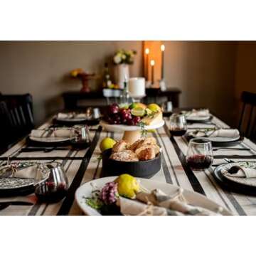 Solino Home French Stripe Linen Table Runner 72 Inches Long - 100% Pure Linen Black and Natural Dini...