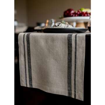 Solino Home French Stripe Linen Table Runner 72 Inches Long - 100% Pure Linen Black and Natural Dining Table Runner 14 x 72 Inch Ideal for Wedding, Parties, Spring, Mothers Day, Easter Decorations