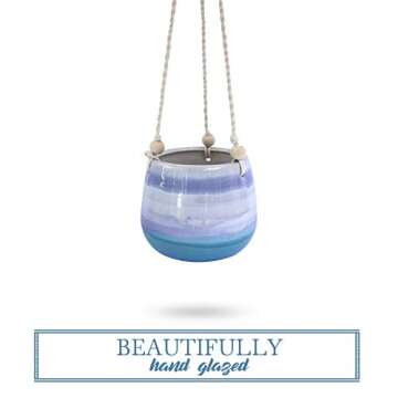 23 Bees Ceramic Hanging Planter | Blue Succulent Pots | Round Plant Holder Container | Cactus Pot with Cotton Rope Hanger | Indoor Outdoor Decor (1 Pack x Blue Horizon)