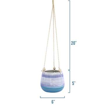 23 Bees Ceramic Hanging Planter | Blue Succulent Pots | Round Plant Holder Container | Cactus Pot with Cotton Rope Hanger | Indoor Outdoor Decor (1 Pack x Blue Horizon)