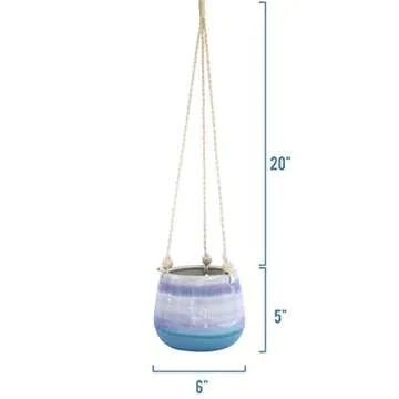 23 Bees Ceramic Hanging Planter | Blue Succulent Pots | Round Plant Holder Container | Cactus Pot with Cotton Rope Hanger | Indoor Outdoor Decor (1 Pack x Blue Horizon)