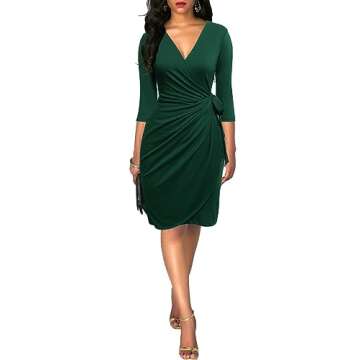 Berydress Women's Classic 3/4 Sleeve V Neck Sheath Casual Party Work Faux Black Wrap Dress (L, 6083-Dark Green)