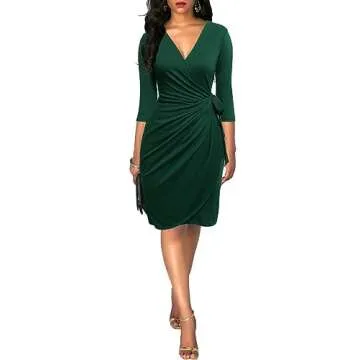 Berydress Women's Classic 3/4 Sleeve V Neck Sheath Casual Party Work Faux Black Wrap Dress (L, 6083-Dark Green)