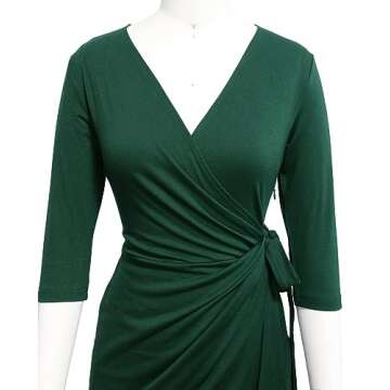Berydress Women's Classic 3/4 Sleeve V Neck Sheath Casual Party Work Faux Black Wrap Dress (L, 6083-Dark Green)