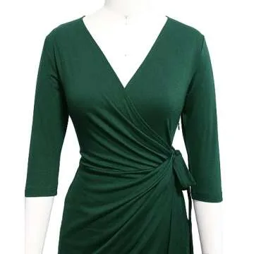 Berydress Women's Classic 3/4 Sleeve V Neck Sheath Casual Party Work Faux Black Wrap Dress (L, 6083-Dark Green)