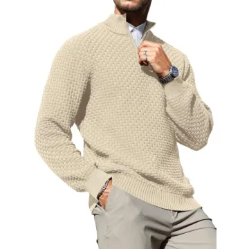 Zaitun Men's Quarter Zip Sweaters Polo Zip Up Pullover Waffle Knit Mock Neck Turtleneck Khaki