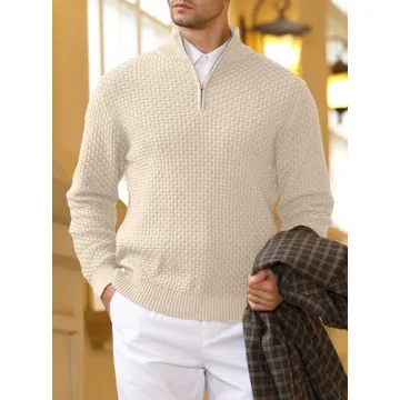 Zaitun Men's Quarter Zip Sweaters Polo Zip Up Pullover Waffle Knit Mock Neck Turtleneck Khaki