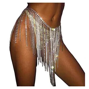 Barode Rhinestone Body Chains Crystal Dance Skirts Tassel Sexy Bikini Beach Chain Hip Waist Belts Nightclub Jewelry Accessories for Women and Girls (Silver)