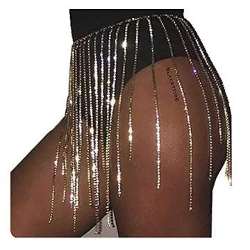 Barode Rhinestone Body Chains Crystal Dance Skirts Tassel Sexy Bikini Beach Chain Hip Waist Belts Nightclub Jewelry Accessories for Women and Girls (Silver)