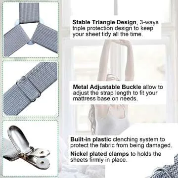 Bed Sheet Holder Straps, 4+2 PCS, Triangle Adjustable Elastic Fitted Sheet Clips, 3 Way Sheets Corner Straps Grippers Fasteners Suspenders Heavy Duty for Bedding Sheets, Mattress Covers, Sofa Cushion