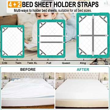 Bed Sheet Holder Straps, 4+2 PCS, Triangle Adjustable Elastic Fitted Sheet Clips, 3 Way Sheets Corner Straps Grippers Fasteners Suspenders Heavy Duty for Bedding Sheets, Mattress Covers, Sofa Cushion
