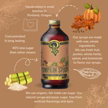 Portland Syrups Pumpkin Spice Syrup - Organic Pumpkin & Ginger Coffee Syrup for Lattes, Mocktails, & Baking - Rich Flavor - Organic Cane Sugar - Natural Ingredients - 12 oz Bottle, 12 Servings