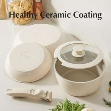 Non Stick Pots and Pan Set, Ceramic Cookware Set with Removable/Detachable Handle, Nonstick Inductio...