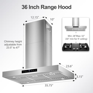 36 Inch Island Range Hood Ceiling Mount with 1200 CFM Powerful Venting and Touch Control