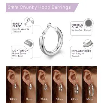 wowshow Large Chunky Thick White Gold Hoop Earrings for Women 50mm