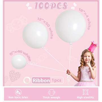 Ponamfo White Balloon Arch Kit - 100Pcs 18"+12"+5" Pastel White Balloons Different Size as Birthday ...