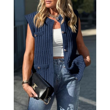 Saodimallsu Womens Sleeveless Sweater Vest Button Up Cable Knit Crew Neck Trendy Casual Loose Summer Cardigan Navy