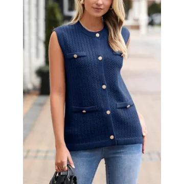 Saodimallsu Womens Sleeveless Sweater Vest Button Up Cable Knit Crew Neck Trendy Casual Loose Summer Cardigan Navy