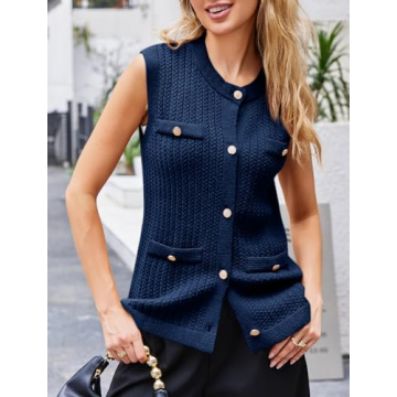 Saodimallsu Womens Sleeveless Sweater Vest Button Up Cable Knit Crew Neck Trendy Casual Loose Summer Cardigan Navy