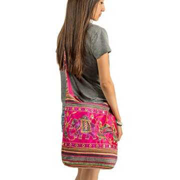 Pink Shoulder Bag Handmade Embroidered Elephant Boho Bohemian Hippie Tote Gypsy Beach Bag