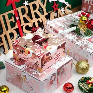 WRAPAHOLIC Christmas Wrapping Paper Roll - Rose Gold Santa, Snowflakes and Reindeer Holiday Collection with Metallic Foil Shine - 4 Rolls - 30 Inch x 120 Inch Per Roll