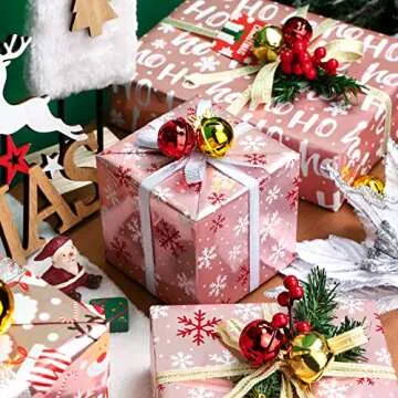 WRAPAHOLIC Christmas Wrapping Paper Roll - Rose Gold Santa, Snowflakes and Reindeer Holiday Collection with Metallic Foil Shine - 4 Rolls - 30 Inch x 120 Inch Per Roll