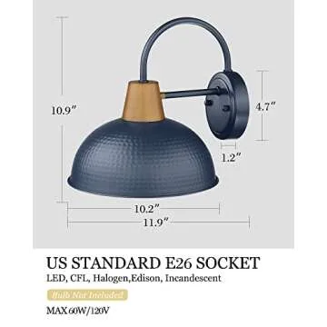 Outdoor Sconces Wall Lighting, HWH Farmhouse Barn Light Gooseneck Wall Sconce Lamp, Exterior Wall Lantern for Porch Patio Entryway, Hammered Metal Shade, Dark Blue Finish, 5HZG70B SF