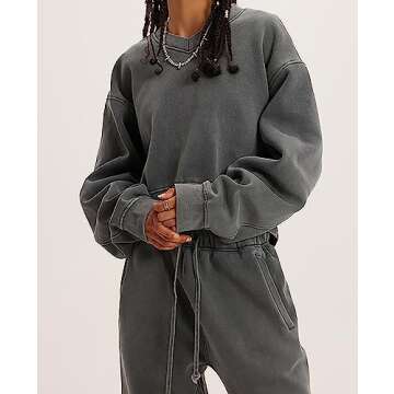 Meladyan Women's Casual Cropped Sweatshirt Basic Solid Long Sleeve Fleece V Neck Loose Drop Shoulder Pullover Crop Top Vintage, Dark Grey -V01, Small