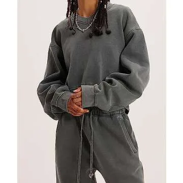 Meladyan Women's Casual Cropped Sweatshirt Basic Solid Long Sleeve Fleece V Neck Loose Drop Shoulder Pullover Crop Top Vintage, Dark Grey -V01, Small