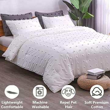 Paxrac Tufted White Queen Comforter Set (90x90 inches), 3 Pieces- Soft Cotton Jacquard Lightweight C...