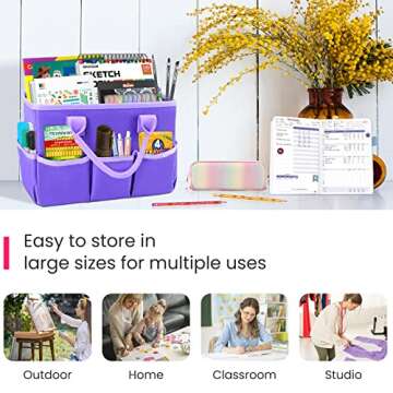 Godery Desktop Tote and Stock Organize, Teacher Helper Tote Bag Organization for Arts, Books, Stationery, etc, and Office Desk Organize, Make-up Storage Tote with Handles for Travel (PURPLE)