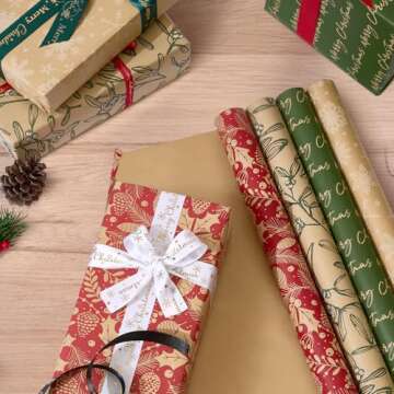 YANGTE Vintage Recyclable Christmas Wrapping Paper Rolls, Brown Kraft Wrapping Paper with Red and Gr...