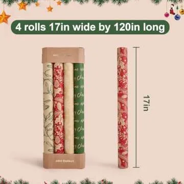 YANGTE Vintage Recyclable Christmas Wrapping Paper Rolls, Brown Kraft Wrapping Paper with Red and Green Pattern, Holiday Gift Wrapping Paper Christmas Rolls, 17 * 120 inch, 4 Rolls