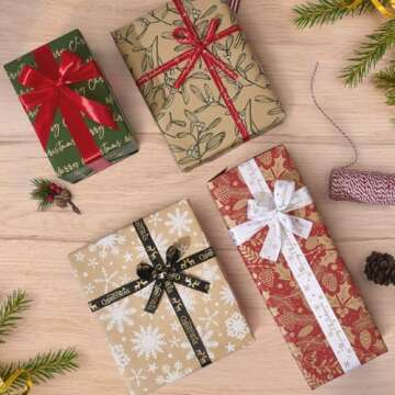 YANGTE Vintage Recyclable Christmas Wrapping Paper Rolls, Brown Kraft Wrapping Paper with Red and Green Pattern, Holiday Gift Wrapping Paper Christmas Rolls, 17 * 120 inch, 4 Rolls