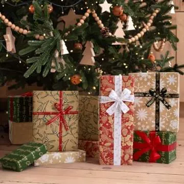 YANGTE Vintage Recyclable Christmas Wrapping Paper Rolls, Brown Kraft Wrapping Paper with Red and Green Pattern, Holiday Gift Wrapping Paper Christmas Rolls, 17 * 120 inch, 4 Rolls