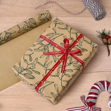 YANGTE Vintage Recyclable Christmas Wrapping Paper Rolls, Brown Kraft Wrapping Paper with Red and Green Pattern, Holiday Gift Wrapping Paper Christmas Rolls, 17 * 120 inch, 4 Rolls