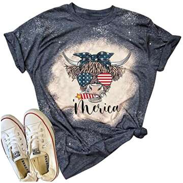 QIANRUO American Flag Cow Tshirt Women Vintage Bleached Patriotic Shirt Sunglass Stars Stripes Graph...
