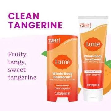 Lume Whole Body Deodorant - Invisible Cream Tube and Solid Stick - 72 Hour Odor Control - Aluminum Free, Baking Soda Free, Skin Safe - 3.0 Ounce Tube and 2.6 Ounce Solid Stick Bundle (Clean Tangerine)