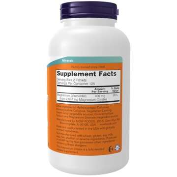 NOW Supplements, Magnesium Citrate 200 mg, Enzyme Function*, Nervous System Support*, 250 Count (Pac...